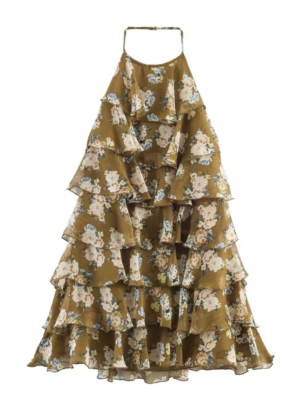 Zara Olive Floral Tiered Halter Mini Dress